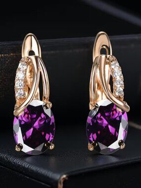 14K Gold Hanging Drop 2ct Purple Amethyst Gemstone 1ct Diamond Earrings Jewelry